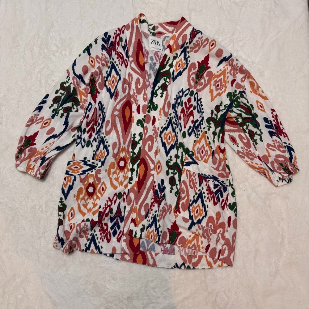 Zara Hanoi Kimono Ikat Print Open Front Cardigan Linen Blend No Belt Small - Picture 3 of 7